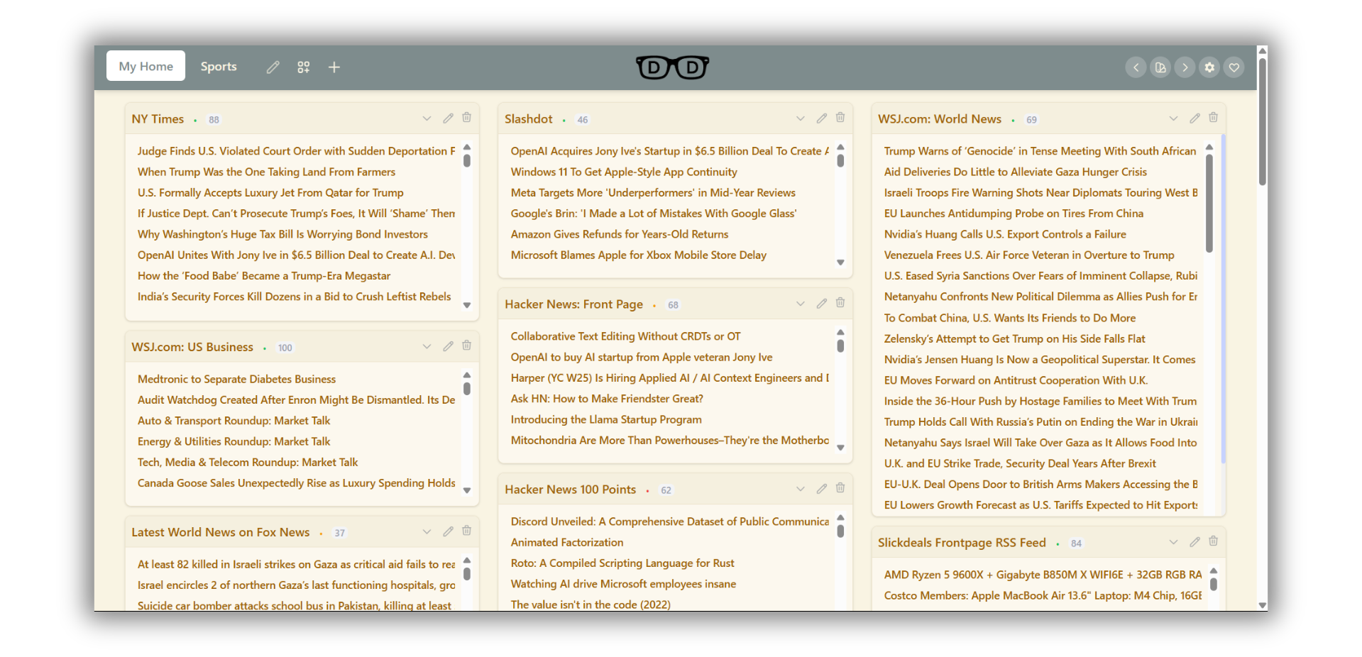 DashDork dashboard preview - a customizable Netvibes alternative with RSS, notes, and weather widgets