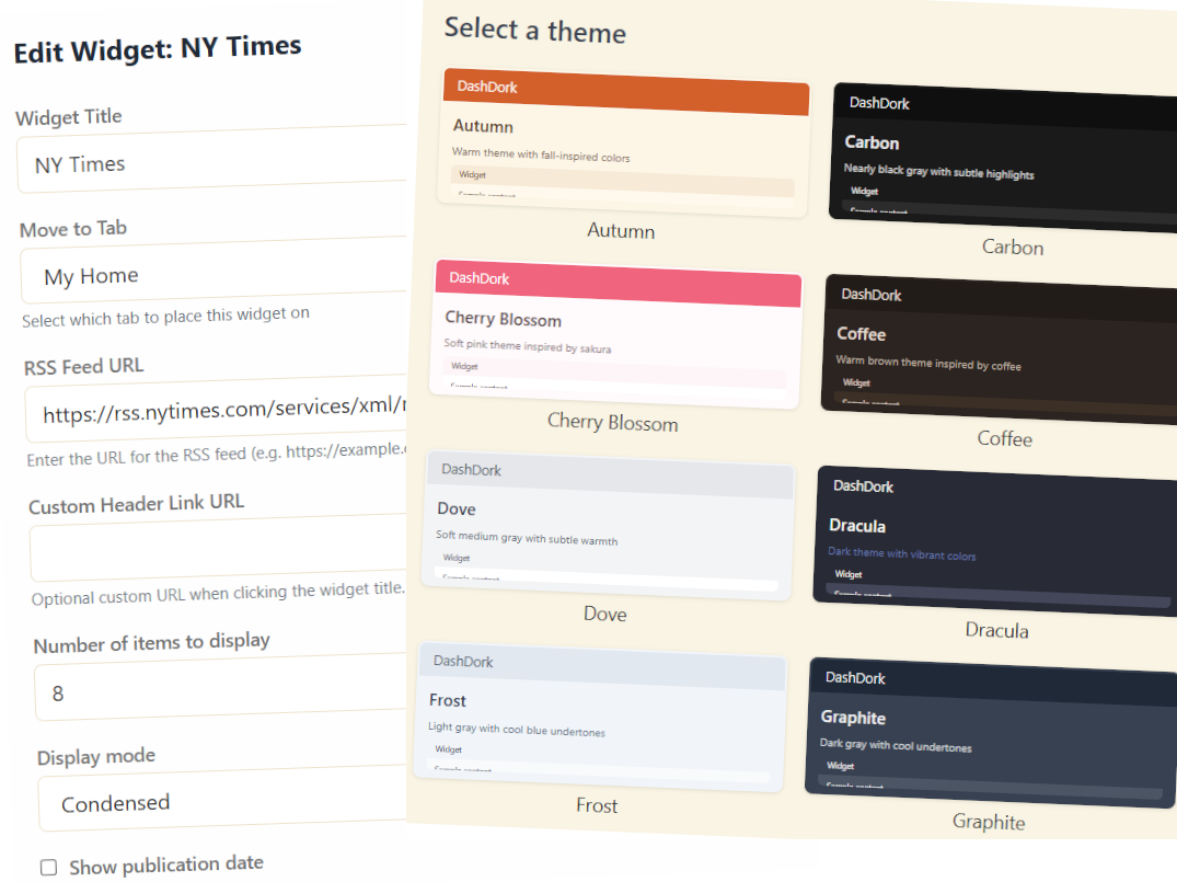 DashDork widget settings and themes preview - customize your Netvibes replacement